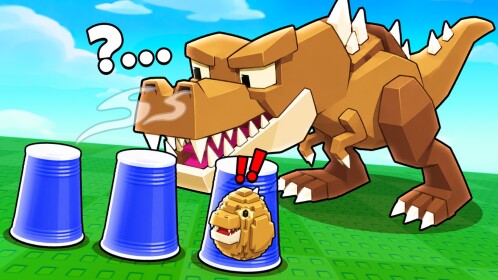 A blocky brown T-rex looms over three blue party cups while the egg to play for peeks out from under the right cup.