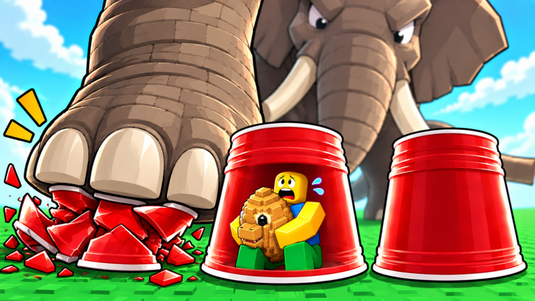 A giant elephant foot stomps a pile of crushed red cups beside an untouched cup while a Roblox character hides under the middle cup hugging a small pixel-art dino.