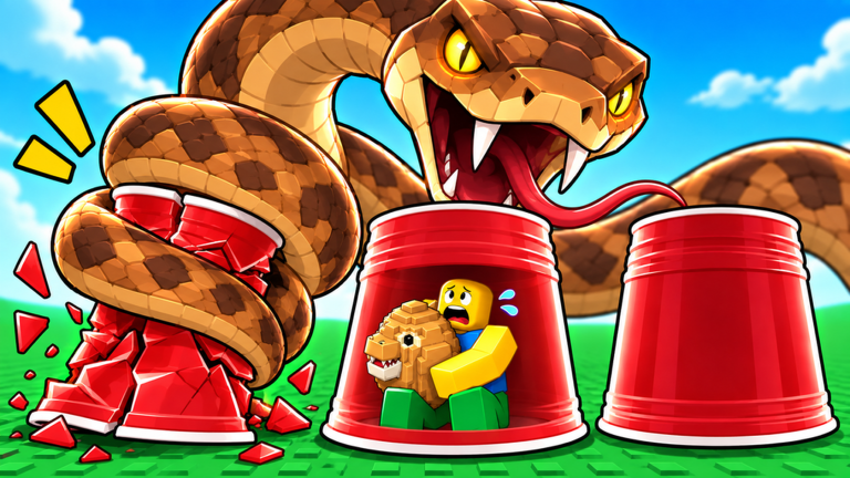 A giant snake coils around a crushed pile of red party cups while a Roblox character hides under the middle cup hugging a small pixel-art dino.